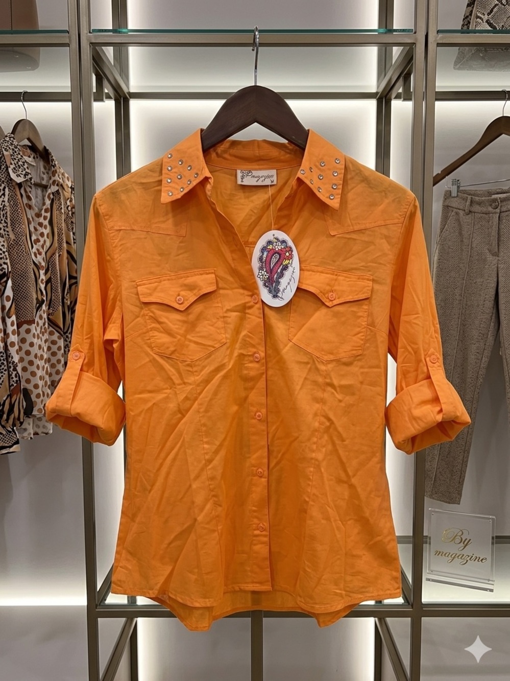 Fashion Magazine Orange Studded-Collar Button-Up Blouse